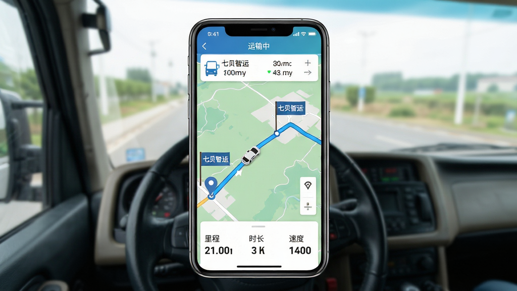 主体:七贝智运App的轨迹追踪界面,手机屏幕显示地图与行驶路线,背景为驾驶室视角。布局:手机屏幕居中,地图占满屏幕,路线用蓝色线条高亮显示,起点与终点有标记。排版:地图上方为车辆信息栏,下方为轨迹统计面板,包括里程、时长、速度。风格:写实与扁平结合,地图清晰,界面友好。细节:路线沿线有“七贝智运”小旗帜标记,车辆图标沿路线移动,状态栏显示“运输中”。画质:高清,画面干净,无多余元素。