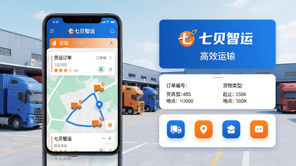 主体:七贝智运App界面展示,手机屏幕显示货运订单列表和地图导航,背景为现代物流园区,货车有序停放。布局:手机居中偏左,右侧配以简洁的信息卡片,突出“七贝智运”品牌标志和“高效运输”字样。排版:上下结构,上方为品牌区,下方为功能图标行列,清晰易读。风格:科技蓝与活力橙搭配,扁平化设计,商务感强。细节:地图上标注路线与货运车辆图标,信息卡片显示订单编号、货物类型和起止地点。画质:高清渲染,画面干净明亮,无多余元素。