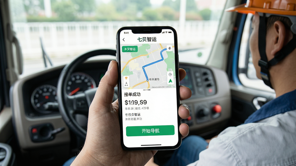 主体:七贝智运App使用场景,一部手机握在手中,屏幕显示接单成功界面,背景为货车驾驶室。布局:手部特写占据画面下半部,手机屏幕清晰显示订单详情与“开始导航”按钮。排版:手机屏幕内容上下排列,上方为路线地图,下方为按钮。风格:真实摄影与UI结合,光线自然,细节丰富。细节:手机屏幕上有“七贝智运”logo,驾驶员佩戴安全帽,背景有方向盘和仪表盘。画质:高清,画面干净,无多余元素。