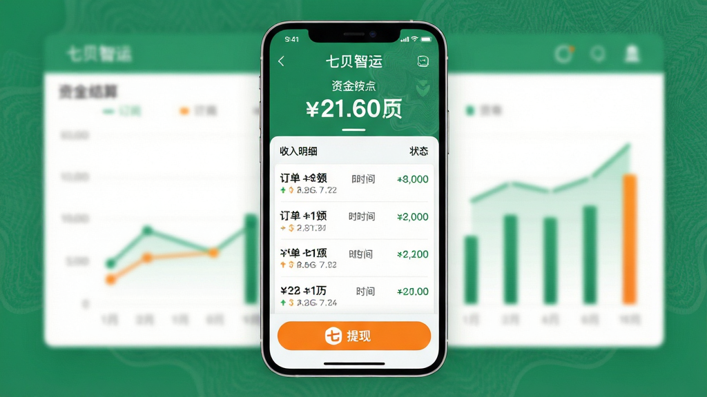 主体:七贝智运App的资金结算页面,手机屏幕显示收入明细与提现按钮,背景为简洁的财务图表。布局:手机屏幕居中,上方为结余数字,下方为近期收入列表,底部为“提现”橙色按钮。排版:列表式布局,每行显示订单金额、时间与状态,清晰易读。风格:商务简约,绿色与橙色点缀,突出资金安全。细节:金额数字加粗显示,提现按钮有“七贝智运”logo,背景有防伪纹理。画质:高清,画面干净,无多余元素。