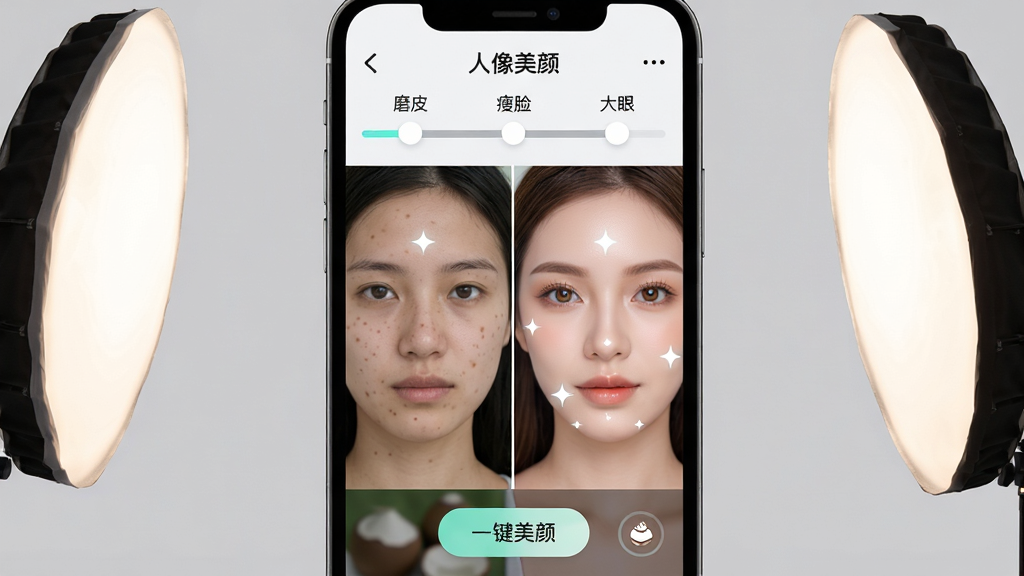 主体:手机屏幕特写,显示椰子相机的人像美颜编辑界面,左侧是原始照片,右侧是美化后的照片,人脸区域有高光提示。布局:屏幕居中,两侧有柔光板补光,背景是纯色浅灰。排版:界面顶部有“人像美颜”标题,下方滑块显示“磨皮”、“瘦脸”、“大眼”等参数。风格:科技感UI设计,界面元素圆润,色彩清新。细节:原始照片上人脸有轻微痘印,美化后皮肤光滑细腻,五官立体,眼神明亮,画面底部有“一键美颜”按钮。画质:高清晰度,干净,无多余元素。