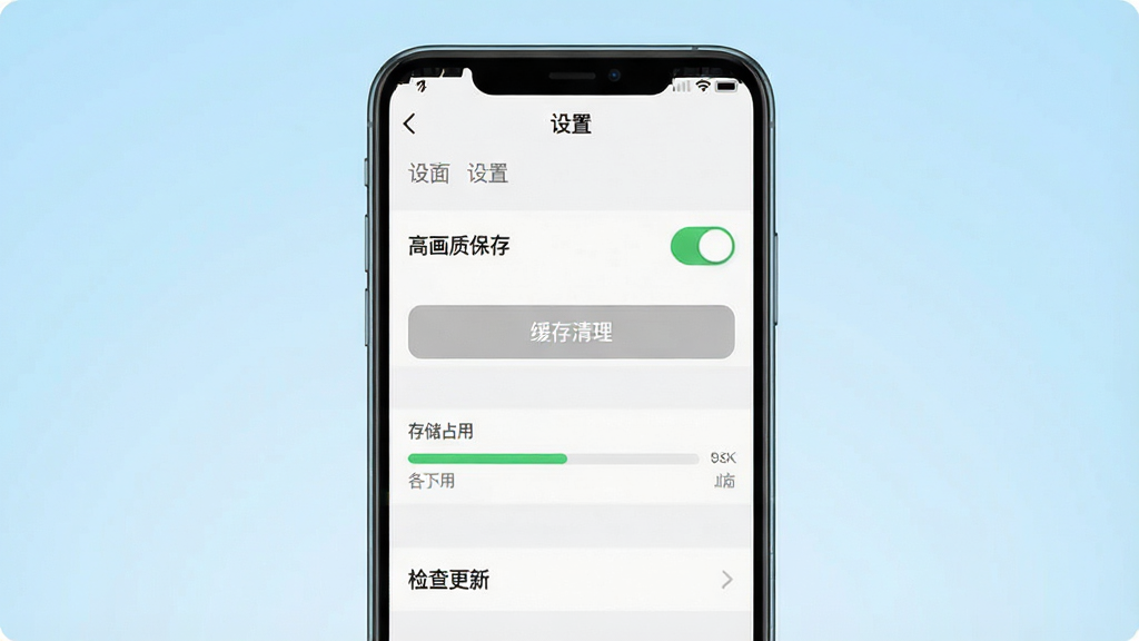 主体:一部手机竖屏显示椰子相机的“设置”界面,界面上有“高画质保存”开关和“缓存清理”按钮。布局:手机屏幕居中,背景是干净的浅蓝色渐变。排版:设置列表清晰,开关状态明显。风格:简洁扁平化UI设计。细节:屏幕中可以看到“存储占用”进度条,下方有“检查更新”选项。画质:清晰,干净,无多余元素。