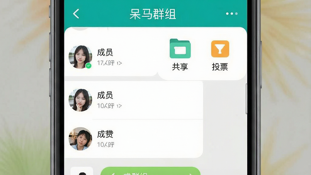 主体为一个手机群聊界面预览图,顶部显示“呆马群组”字样,下方展示成员列表、文件共享和投票功能图标,界面设计扁平化,色彩明快,布局清晰,画质干净,无多余元素