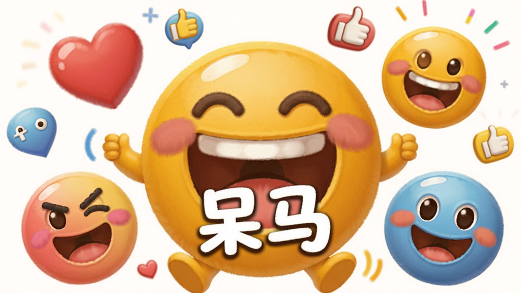 主体为多个色彩鲜艳的卡通表情符号,中间一个大笑表情上写有“呆马”二字,周围散落着爱心、点赞等元素,背景为纯色,布局活泼,画质细腻,无多余元素