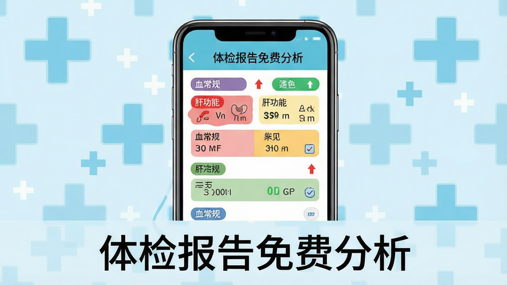 主体:智能手机屏幕展示“体检报告免费分析”APP界面,界面中显示一份彩色体检报告单,重点指标用红绿箭头标注。布局:手机居中,报告单清晰可读,背景为浅蓝色医疗十字图案。排版:手机下方有“体检报告免费分析”字样,整体简洁。风格:扁平化设计,色彩明快,医疗科技感。细节:界面中可见“血常规”、“肝功能”等标签,画质高清,干净,无多余元素。