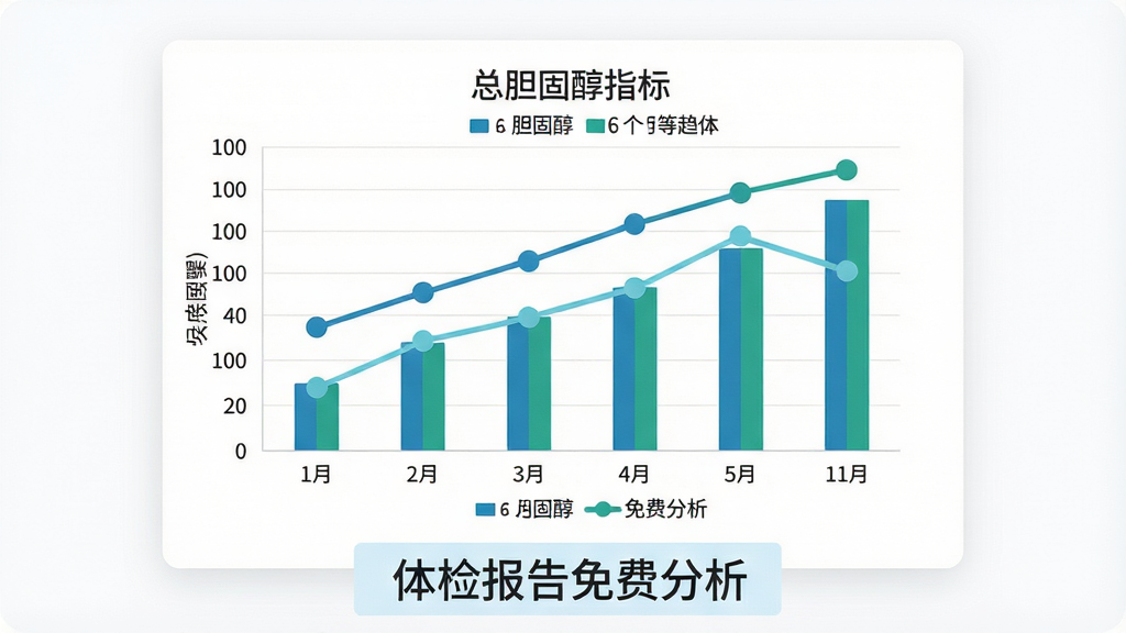 主体:折线图与柱状图组合的图表,展示“总胆固醇”等指标在6个月内的变化趋势,图表下方有“体检报告免费分析”字样。布局:图表占据画面中央,背景为白色卡片,四周留白。排版:坐标轴标签清晰,图例用不同颜色区分。风格:商务简约风,蓝绿色调。细节:数据点用圆点标记,画质高清,干净,无多余元素。