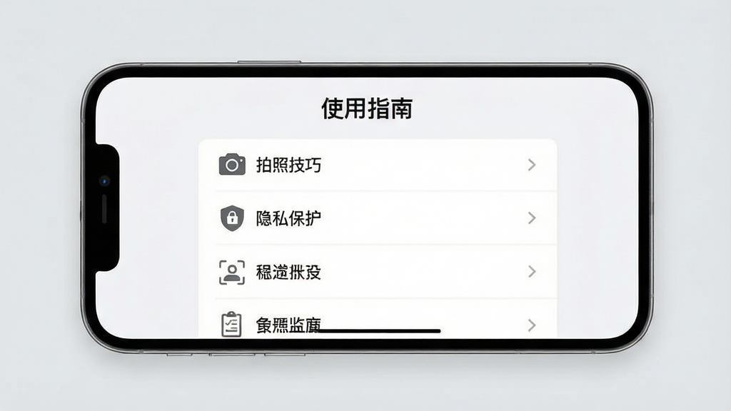 主体:手机横屏截图展示“体检报告免费分析”的“使用指南”界面,列表形式显示“拍照技巧”、“隐私保护”等条目。布局:手机居中,背景为浅灰色。排版:每个条目配有图标,文字清晰。风格:清爽简洁风。细节:屏幕上方有“使用指南”标题,画质干净,无多余元素。