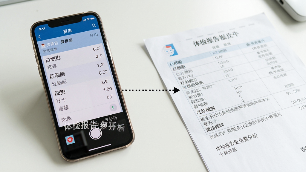 主体:一部手机拍摄桌面上的一张体检报告单,屏幕上即时显示识别出的数据列表。布局:手机位于画面左侧,报告单在右侧,中间用虚线连接表示数据传输。排版:报告单上文字清晰,手机界面列出“白细胞”、“红细胞”等指标。风格:写实摄影风,明亮光线。细节:手机屏幕上有“体检报告免费分析”水印,画质干净,无多余元素。