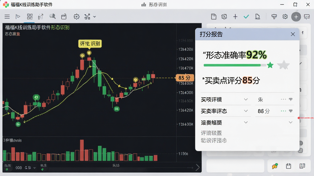 福福K线训练助手软件界面展示K线形态识别功能,左侧为K线图形,右侧为打分报告弹窗,显示“形态准确率92%”“买卖点评分85分”等字样,背景为浅灰色工作台,布局左右对称,排版清晰,风格现代扁平,细节包括高亮标注的K线关键点和评分子项,画质干净清晰,无多余元素