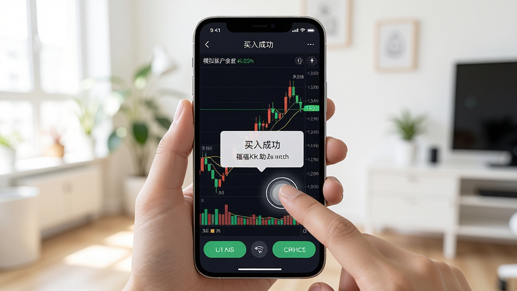 福福K线训练助手手机操作界面,手指点击K线图上的买点,屏幕弹出提示框显示“买入成功”,背景为明亮的室内环境,手机屏幕清晰显示K线图与交易按钮,布局为手机竖屏居中,排版干净,风格写实,细节包括手指触控点、浮动提示框和模拟账户余额变化,画质高清,无多余元素