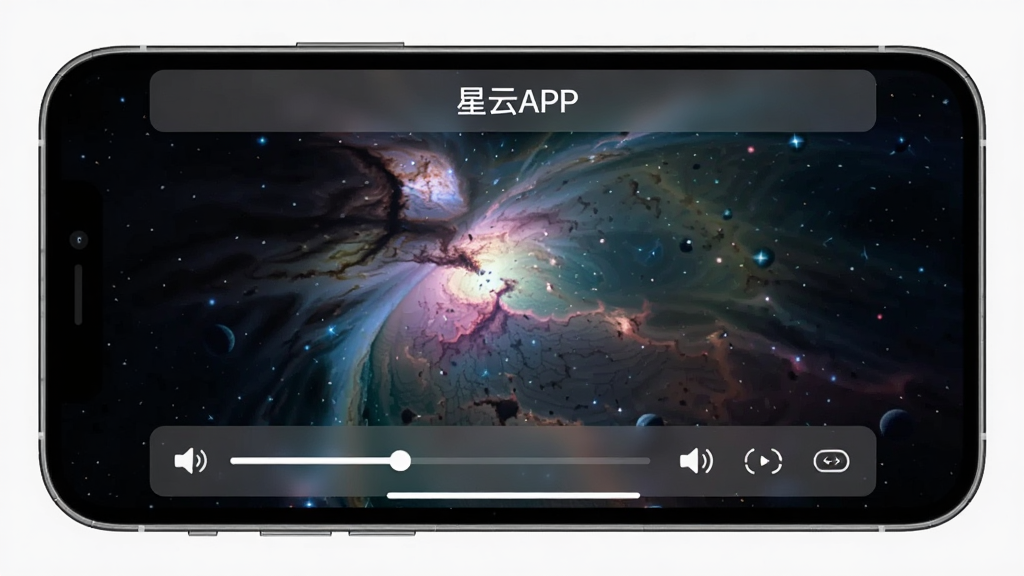 星云APP播放界面操作示意,主体为手机横屏播放视频画面,底部显示控制条,布局为中央画面上下各有一条半透明控制栏,顶部标注“星云APP”名称,风格简洁直观,细节包括进度条、音量图标、倍速按钮,画质清晰明亮,干净无多余元素