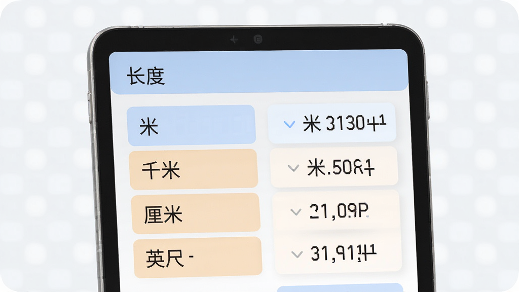 小和计算器单位换算功能展示,屏幕上方显示“长度”分类,下方并列展示米、千米、厘米、英尺等单位的转换结果,界面采用卡片式布局,色彩柔和,数字清晰,风格简洁,画质干净,无多余元素
