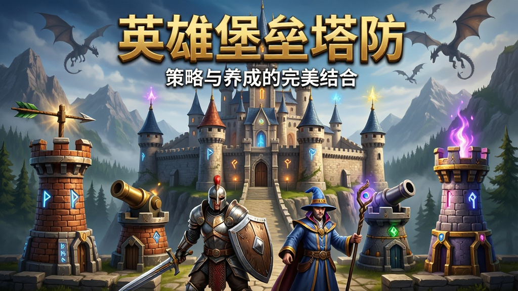 主体:英雄堡垒塔防游戏主界面,一座宏伟的魔法城堡矗立在山崖之上,城堡周围环绕着多个不同功能的防御塔,塔顶闪烁着技能光芒,前景有手持剑盾的战士英雄和手持法杖的法师英雄并排站立。布局:画面以城堡为中心,防御塔分布在城堡前方与两侧,英雄位于画面下方中间位置,形成稳定的三角形构图。排版:主标题“英雄堡垒塔防”用金色立体字置于画面顶部中央,副标题“策略与养成的完美结合”以白色小字位于主标题下方,整体排版均衡。风格:写实奇幻风格,色彩浓郁,明暗对比强烈,具有西方魔幻电影质感。细节:防御塔有箭塔、炮塔、魔法塔三种类型,塔身有精细的砖石纹理与发光符文,英雄铠甲有金属反光与磨损痕迹,背景有山峦、森林与飞龙剪影。画质:8K超高清,细节丰富,光影自然,干净,无多余元素,无文字水印。