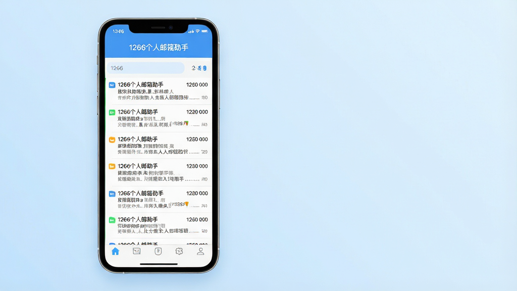 主体:一部智能手机屏幕显示1266个人邮箱助手的应用界面,屏幕中央是简洁的收件箱列表,顶部有“1266个人邮箱助手”字样。布局:手机位于画面中央偏左,右侧留白,背景为干净的浅蓝色渐变。排版:界面布局清晰,列表项排列整齐,左右留白舒适。风格:现代扁平化设计风格,色彩清新明快。细节:收件箱列表中的邮件标题清晰可读,底部有导航栏图标。画质:高清渲染,干净无多余元素。