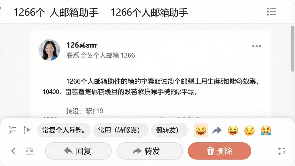 主体:1266个人邮箱助手的邮件编辑界面,屏幕下方有快捷回复工具栏,包含常用短语和表情图标,顶部有“1266个人邮箱助手”字样。布局:垂直布局,邮件正文占主要区域,底部工具栏固定。排版:工具栏按钮采用圆角矩形,间隔均匀。风格:清新简洁,背景为白色。细节:邮件正文显示联系人头像和正文内容,工具栏有“回复”、“转发”、“删除”按钮。画质:高清,干净,无多余元素。