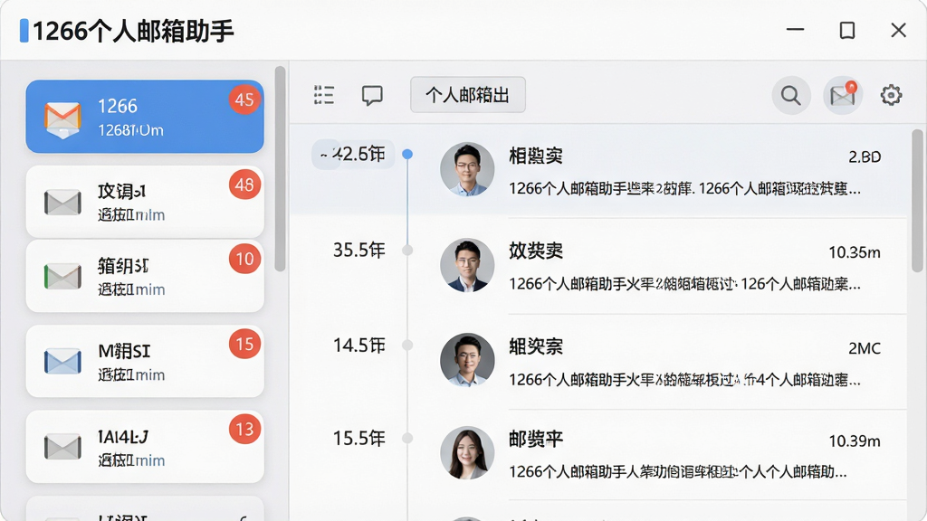 主体:1266个人邮箱助手的多账户管理界面,左侧显示邮箱账户列表,右侧显示选中账户的邮件列表,顶部有“1266个人邮箱助手”标识。布局:左右分栏式布局,左侧账户列表窄,右侧邮件列表宽。排版:账户列表以圆角卡片形式排列,邮件列表采用时间线样式。风格:商务简洁风格,背景为浅灰色。细节:每个账户卡片显示邮箱图标和未读数量角标,邮件列表有发件人头像。画质:高清,干净,无多余元素。