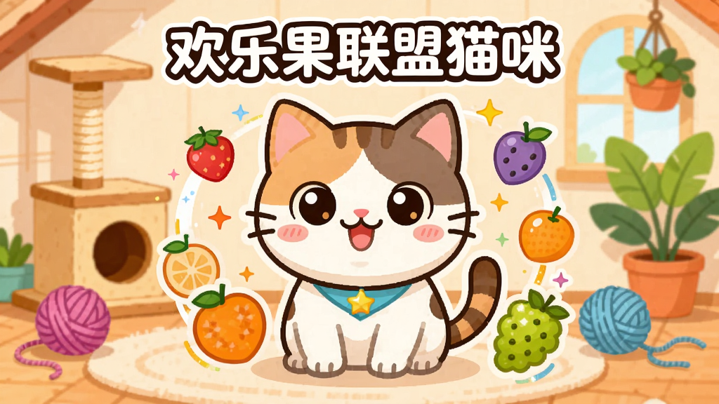 画面中央是一只可爱的卡通猫咪,猫咪周围环绕着各种彩色水果和星星特效,背景是温馨的猫咪小屋,室内有猫爬架、毛线球和绿色植物。画面采用明亮清新的色调,扁平化卡通风格,细节丰富,画质高清,干净无多余元素,整体排版以猫咪为主体居中,四周留白适合作为游戏宣传图,图片上带有文字“欢乐果联盟猫咪”。