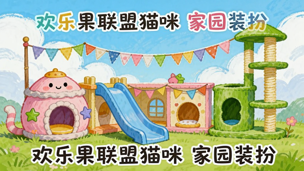 画面展示一个精美的猫咪家园全景,有粉色的猫窝、蓝色的滑梯、绿色的猫爬架和各种彩色小旗,整体风格梦幻可爱。背景是晴朗的天空和白云,卡通手绘风格,色彩鲜艳明快,画质细腻,布局为横向全景展示,干净无多余元素,图片上带有文字“欢乐果联盟猫咪 家园装扮”。