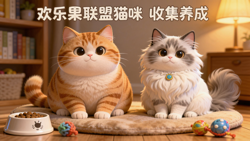 画面展示一只胖乎乎的橘猫和一只白色长毛猫并排坐在柔软垫子上,旁边摆放着猫粮碗和彩色玩具球,背景是温馨的木质书架和暖色灯光。卡通渲染风格,色彩温暖,细节精致,画质清晰,布局以两只猫咪为中心对称构图,干净无杂物,图片上带有文字“欢乐果联盟猫咪 收集养成”。