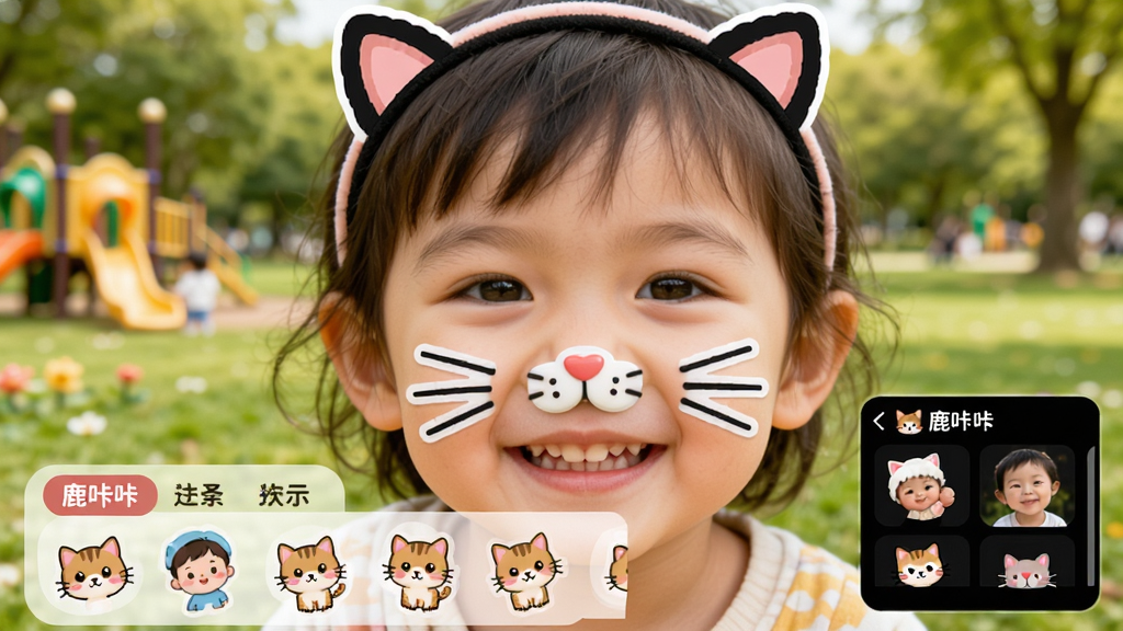 主体:“鹿咔咔”趣味贴纸功能演示,孩子脸上有小猫贴纸,跟随面部移动。布局:孩子面部特写,屏幕角落显示贴纸选择栏。排版:贴纸图标排列在屏幕下方,有分类标签。风格:活泼可爱,色彩鲜艳。细节:孩子戴着猫耳朵贴纸,脸上有胡须贴纸,背景是公园。画质:高清,干净,无多余元素。