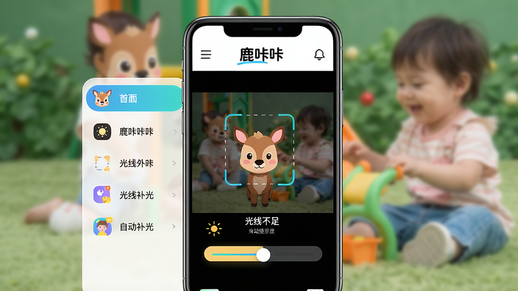 主体:“鹿咔咔”应用界面展示智能拍摄辅助功能,屏幕上有对焦框和光线调整滑块。布局:手机屏幕居中,左侧有功能菜单列表,右侧为拍摄预览区域。排版:界面UI设计现代,功能图标清晰,顶部有“鹿咔咔”字样。风格:科技感与童趣结合,色彩明快。细节:光线不足时自动提示补光,背景有儿童玩耍的虚化影像。画质:高清,干净,无多余元素。