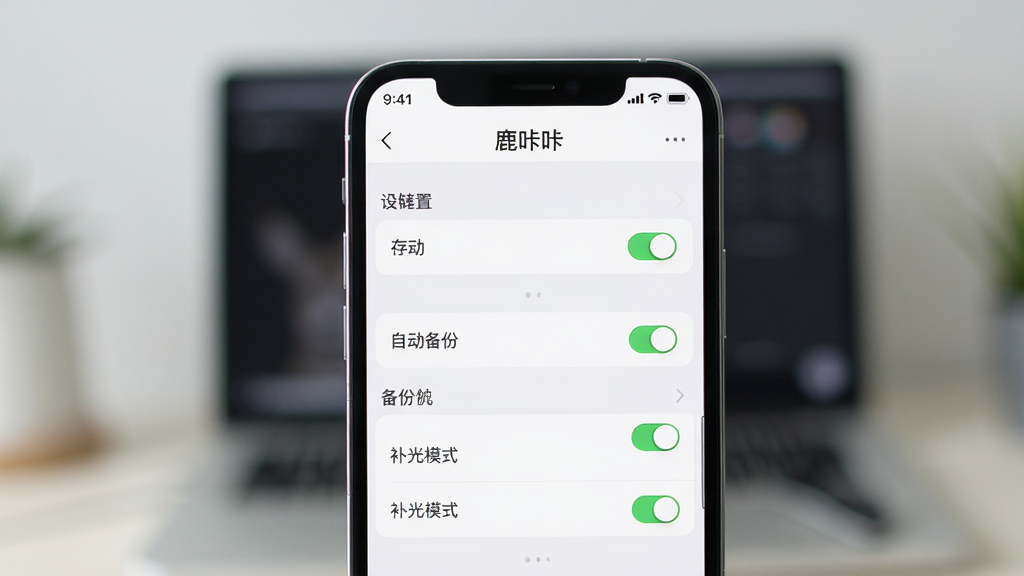 主体:手机展示“鹿咔咔”应用设置界面,有存储、备份、补光等选项。布局:手机屏幕居中,设置列表清晰可见。排版:设置项分区块排列,有开关按钮。风格:简洁、现代。细节:屏幕上有“自动备份”、“补光模式”等开关,背景虚化。画质:高清,干净,无多余元素。