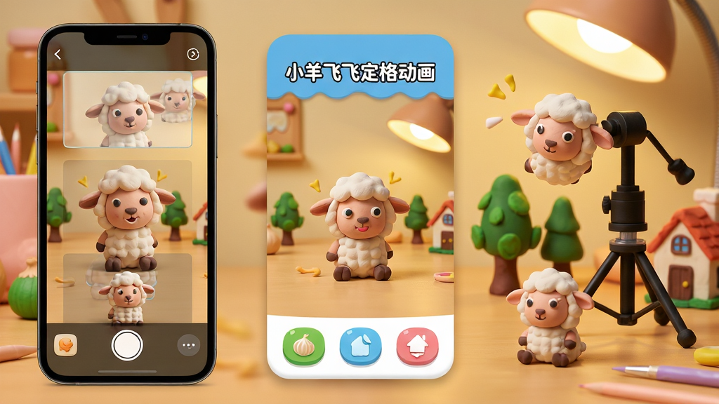 主体:小羊飞飞定格动画APP界面与创作场景。布局:左侧显示手机屏幕中正在拍摄的黏土小羊动画帧,右侧为摆放的黏土角色与拍摄支架。排版:画面中央为应用主界面,顶部有“小羊飞飞定格动画”字样,底部功能按钮排列整齐。风格:明亮卡通风格,色彩活泼,背景为温馨的工作台。细节:手机屏幕中显示洋葱皮半透明帧,桌面上有黏土小羊、小树、小房子等道具,灯光柔和。画质:高清,干净,无多余元素。