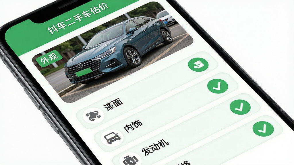 主体:手机界面展示“抖车二手车估价”车况自检页面,顶部为车辆图片,下方为检查项列表。布局:纵向排列,每个检查项带有图标和状态勾选。排版:简洁清晰,选项为圆角矩形。风格:实用、友好、绿色系。细节:车辆图片上有“外观”标签,检查项包括“漆面”、“内饰”、“发动机”等,已勾选项显示绿色对勾。画质:高清,干净,无多余元素。
