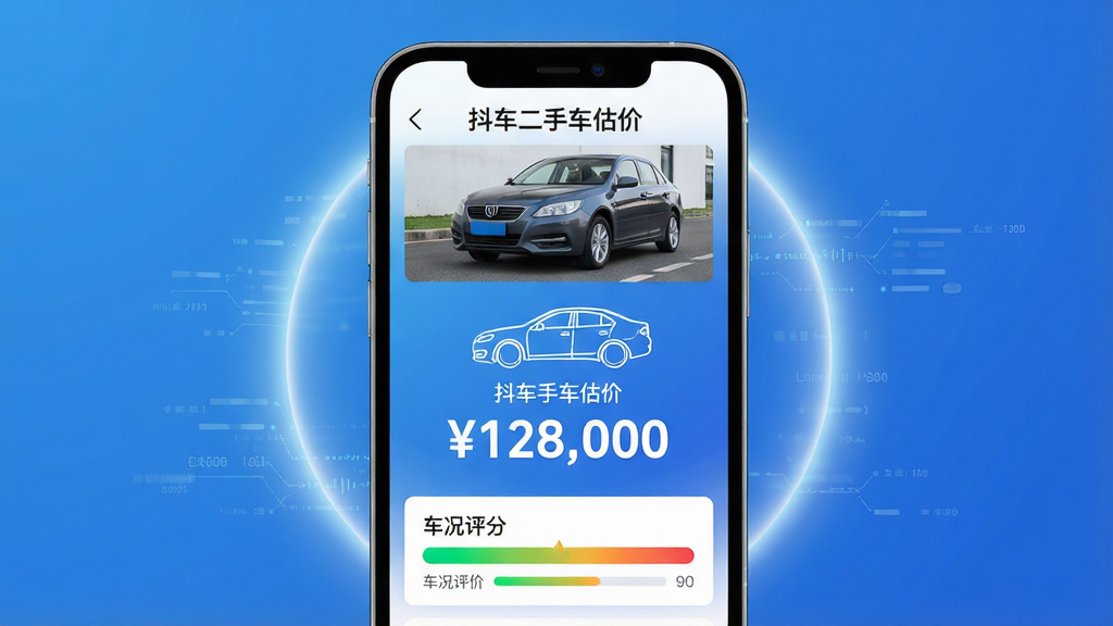主体:手机屏幕展示“抖车二手车估价”界面,中央显示一辆家用轿车轮廓与估价金额“¥128,000”,背景为简洁的蓝色渐变。布局:手机居中,前后有立体感的光晕,界面元素清晰。排版:手机屏幕内从上到下依次为车辆照片、估价数字、车况评分条。风格:科技感、现代扁平化、清爽。细节:数字醒目,车况评分条用绿色到红色渐变,屏幕外有微小的数据流线条。画质:高清渲染,干净,无多余元素。