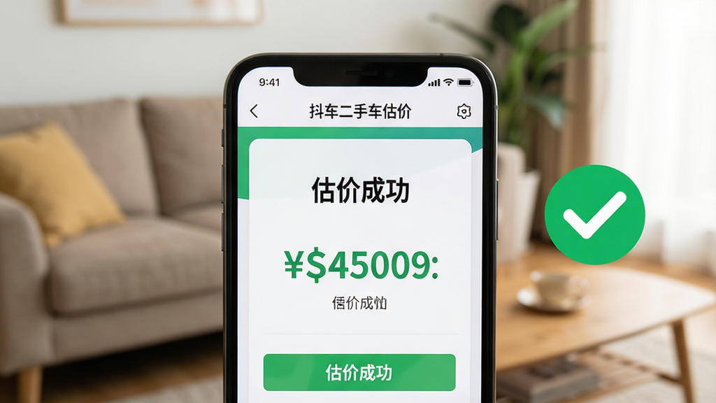 主体:一部手机正在运行“抖车二手车估价”应用,屏幕显示“估价成功”页面,背景为客厅环境。布局:手机位于画面中央,右侧有绿色对勾图标。排版:手机屏幕内容清晰可见,估价金额突出。风格:生活化、真实、温馨。细节:手机屏幕显示“估价成功”及金额,周围有模糊的家具。画质:清晰,干净,无多余元素。