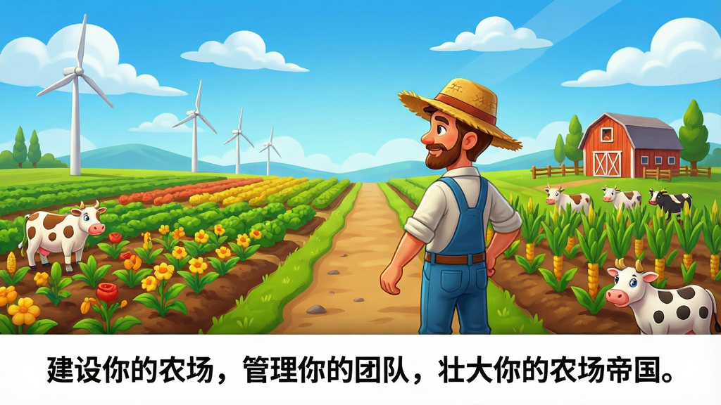 一张充满生机的卡通风格农场全景图,画面中央是一位戴着草帽的农场主正站在田埂上眺望远方,背景是整齐的农田、风力发电机和远处的谷仓,天空湛蓝白云朵朵,整体布局开阔明亮,色彩饱满鲜艳,细节丰富展现作物与动物,画质高清干净,无多余元素,画面下方标注“建设你的农场,管理你的团队,壮大你的农场帝国。”