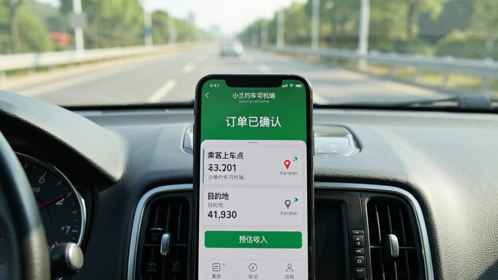 手机屏幕上显示“小兰约车司机端”的接单成功界面,有“订单已确认”字样,并显示乘客上车点、目的地和预估收入。手机放在驾驶室的中控台上,背景为清晰的前挡风玻璃和道路,光线自然,风格写实,画质干净,无多余元素。