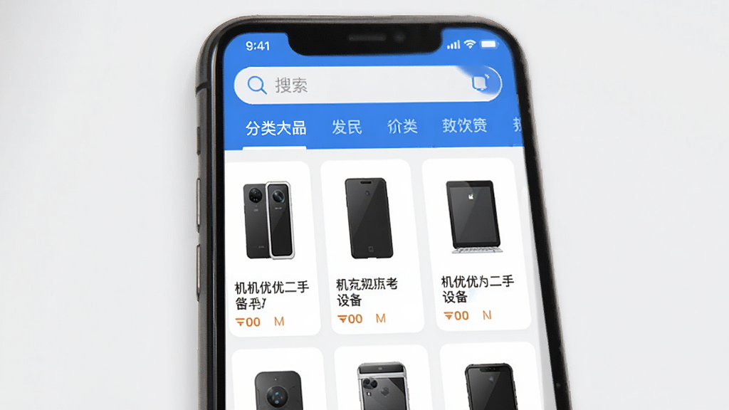 写实风格的电商平台展示图,主体为“机优优二手设备”手机APP界面,屏幕内显示多台二手设备图片列表,布局清晰,上方有搜索栏与分类导航,整体色调为蓝色与白色,风格简洁现代,画质清晰,干净,无多余元素。