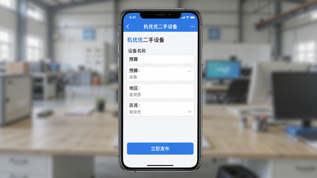 展示“机优优二手设备”APP的求购发布页面,界面中有表单填写区域,包括设备名称、预算、地区等选项,屏幕下方有“立即发布”按钮,整体布局清晰,色调为蓝白,风格专业,画质干净,无多余元素。