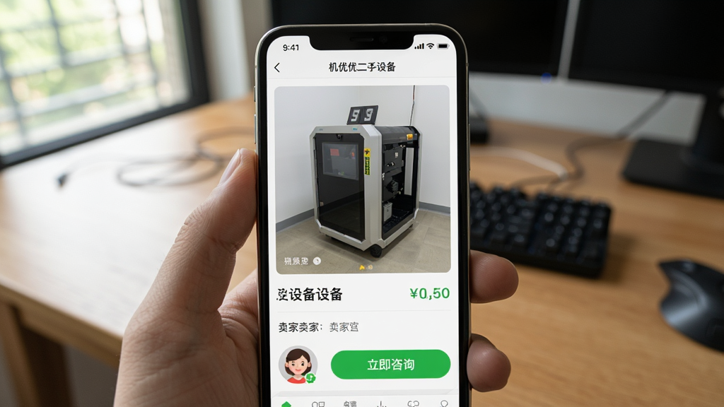 展示“机优优二手设备”APP在手机上的运行画面,屏幕显示设备详情页,有设备大图、价格、卖家头像与“立即咨询”按钮,背景为真实桌面,风格自然,画质清晰,干净,无多余元素。