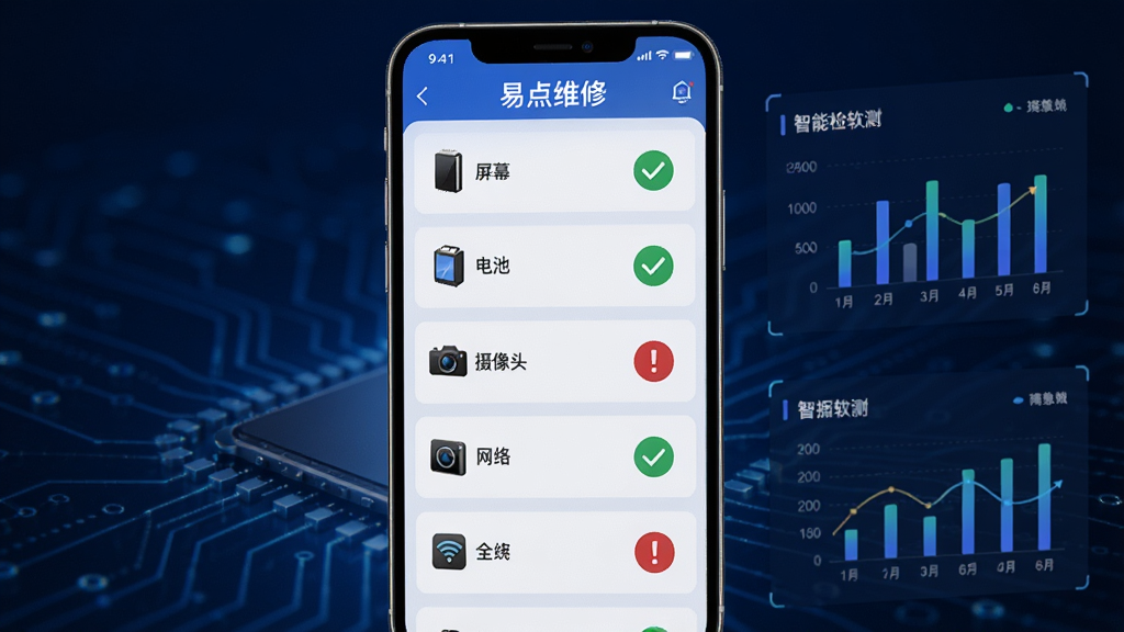 易点维修软件智能检测功能界面,手机屏幕显示多项检测项目清单,包括屏幕、电池、摄像头、网络等,每一项旁边有绿色对勾或红色感叹号图标,背景为深蓝色科技感风格,数据可视化图表,界面干净专业,突出“易点维修”品牌,画质高清