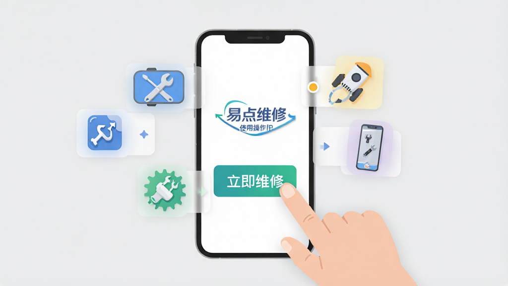 易点维修App使用操作流程示意图,用户手指点击手机屏幕上的“立即维修”按钮,屏幕周围出现功能图标浮层,背景简约浅灰色,扁平化插画风格,清晰展示操作步骤,画质干净,突出“易点维修”品牌