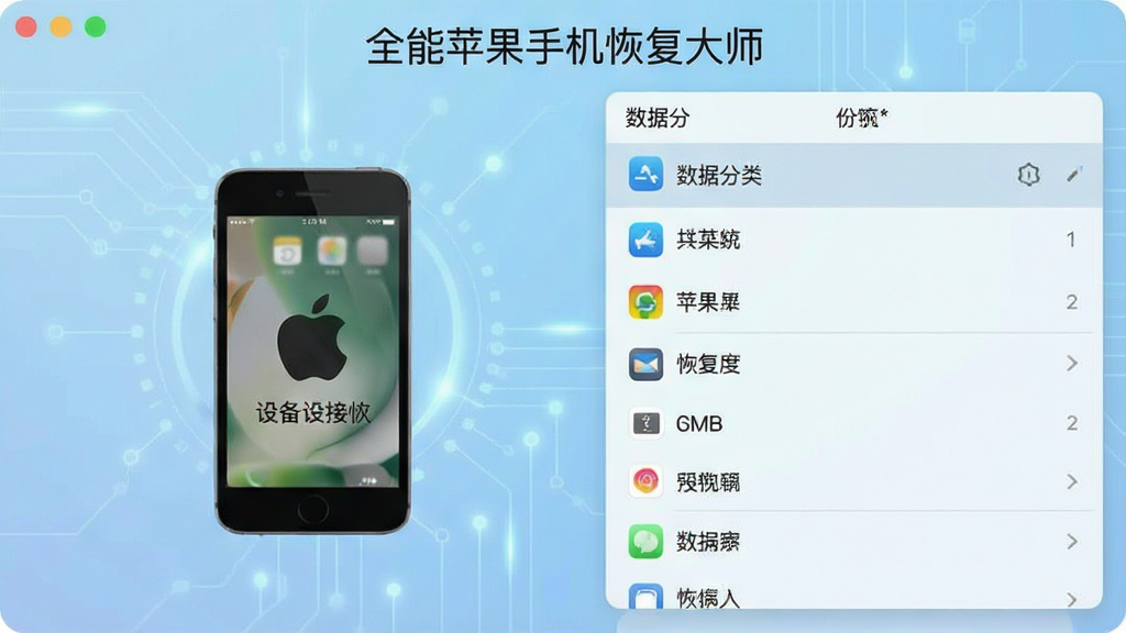 一张展示全能苹果手机恢复大师主界面的高清截图,界面左侧为设备连接状态,右侧为数据分类列表,背景为淡蓝色科技感渐变,整体布局清晰,文字标注“全能苹果手机恢复大师”,风格简洁现代,画质干净无多余元素
