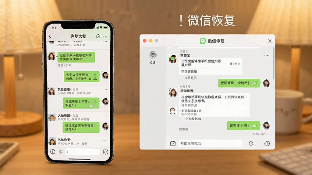 一张展示全能苹果手机恢复大师恢复微信聊天记录的界面,手机屏幕中显示微信对话列表,软件窗口显示恢复出的聊天内容,背景为暖色调,整体氛围温馨,文字标注“微信恢复”,画质细腻,干净无多余元素