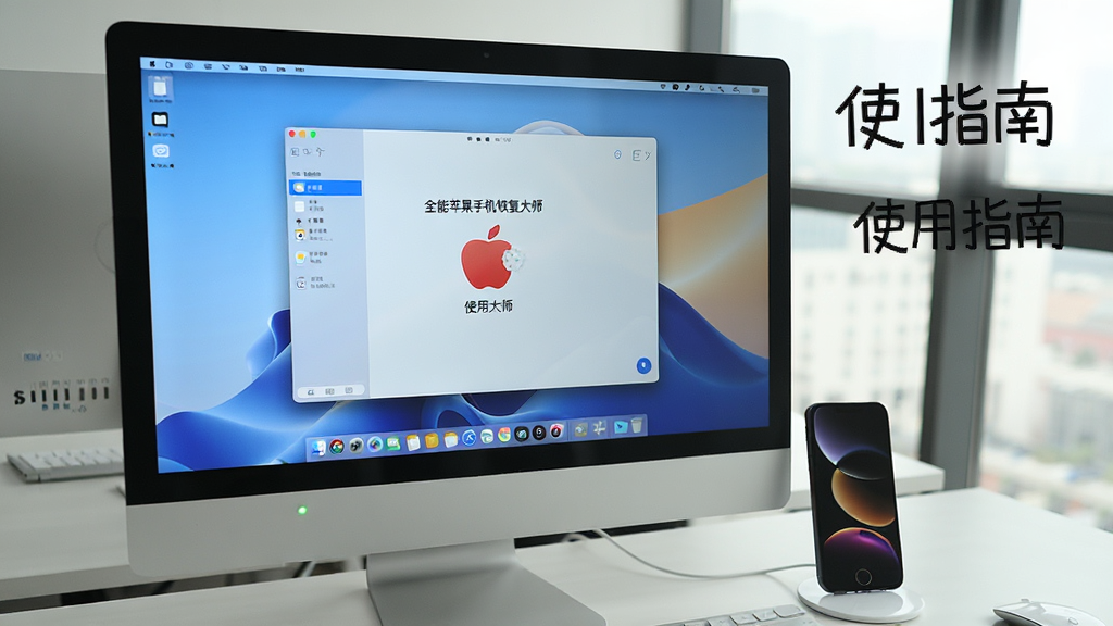一张展示全能苹果手机恢复大师在电脑上运行的实拍照片,电脑屏幕显示软件界面,旁边放着iPhone手机,环境为办公桌,整体光线明亮,风格真实自然,文字标注“使用指南”,画质清晰,干净无多余元素