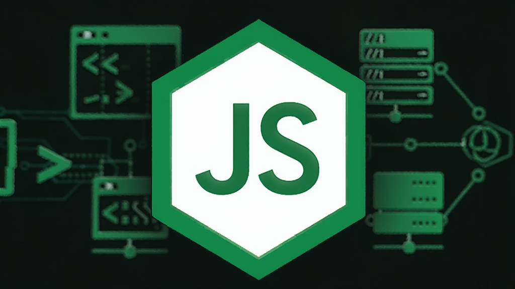 Node.js 官方标志,深色背景,绿色与白色相间的六边形盾牌造型,中央有“JS”字样,周围有代码和服务器元素,整体科技感强,高清渲染,居中构图,简洁背景,画质清晰,无多余元素