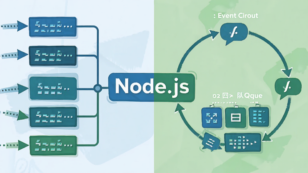 Node.js 异步非阻塞 I/O 示意图,画面分为左右两部分,左侧是多个请求同时进入,右侧是事件循环和回调队列,中间有“Node.js”字样,使用扁平化设计风格,蓝色和绿色为主色调,布局清晰,画质干净,无多余元素