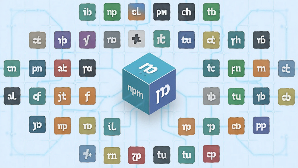 Node.js npm 生态图,中心是一个立方体图标,周围环绕着众多小图标,代表不同的 npm 包,背景为淡蓝色网格,现代感强,配色清新,布局均衡,画质高清,无多余元素