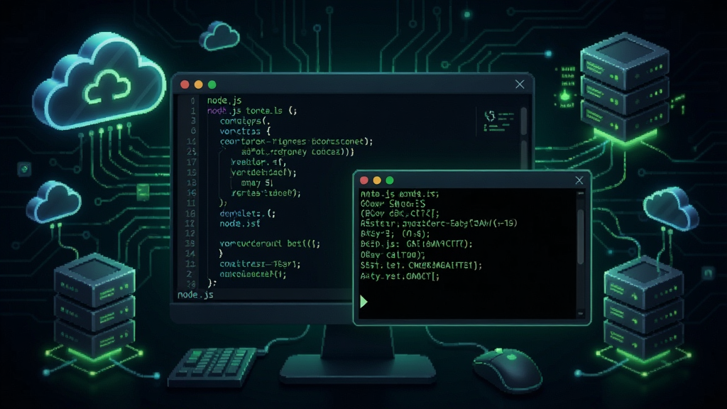 Node.js 命令行界面,屏幕上有代码和终端窗口,背景为深色,文字为绿色,周围有云朵和服务器图标,风格科技感,细节丰富,画质清晰,无多余元素