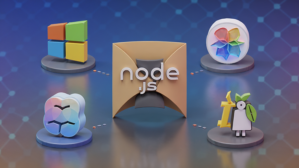 Node.js 跨平台示意图,画面中央是 Node.js 标志,周围环绕 Windows、macOS、Linux 的图标,使用 3D 渲染风格,色彩鲜明,背景渐变,排版大气,画质细腻,无多余元素
