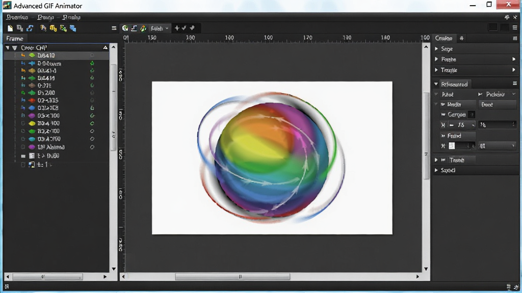 画面中央展示Advanced GIF Animator软件主界面,界面采用深色主题,左侧为帧列表面板,中间为画布预览区,右侧为工具属性栏。画布上显示一个由多帧组成的GIF动画示例,内容为一个旋转的彩色圆球。整体布局清晰,界面元素排列有序,风格现代简洁,细节丰富,画质高清,干净无多余元素。