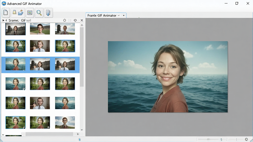 展示Advanced GIF Animator的帧管理界面,左侧帧列表清晰显示多张缩略图,选中帧高亮显示,中间画布上显示当前帧的图像内容,界面风格简洁明亮,布局合理,色彩搭配舒适,细节精致,画质清晰,干净无多余元素。