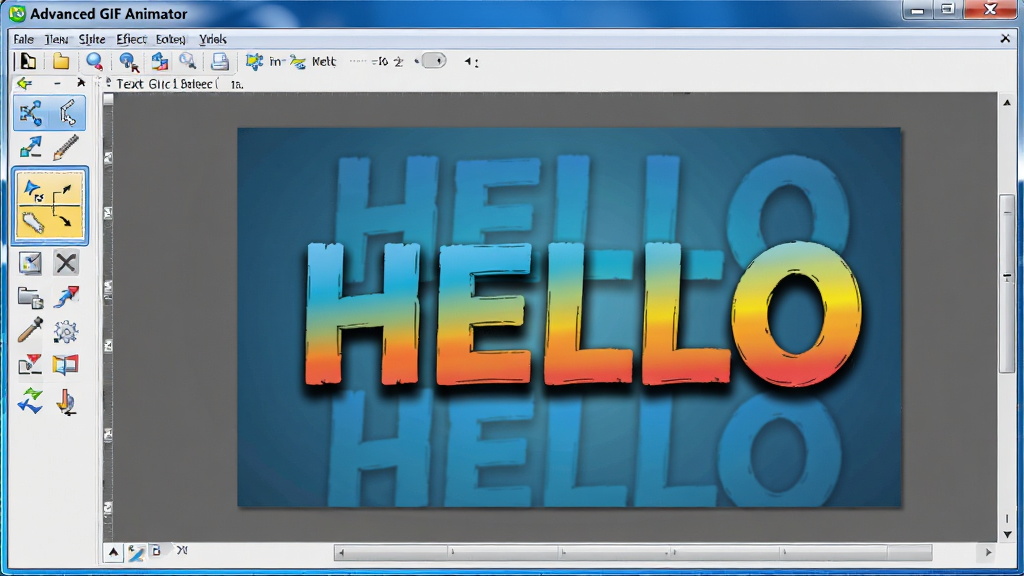 展示Advanced GIF Animator的文本与特效功能界面,画布上显示带有动态文字“HELLO”的动画帧,文字带有阴影和渐变效果,左侧工具栏突出显示文本工具图标,背景为软件操作界面,风格活泼,布局清晰,细节丰富,画质高清,干净无多余元素。