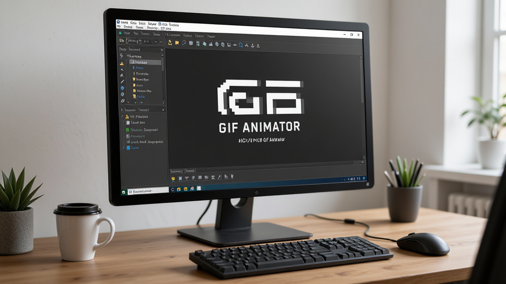 展示Advanced GIF Animator在电脑上运行的实拍场景,屏幕中显示软件界面,周围为整洁的办公桌面,有键盘鼠标,画面写实,光线柔和,细节丰富,画质高清,干净无多余元素。