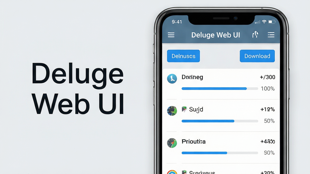 主体:一部智能手机屏幕显示Deluge Web UI的移动端页面,上面有下载任务列表和速度指示;布局:手机位于画面中央偏右,左侧有文字“Deluge Web UI”;排版:界面简洁,按钮清晰;风格:移动端现代化设计;细节:进度条以蓝色显示,背景为浅灰色;画质:高清,干净无多余元素
